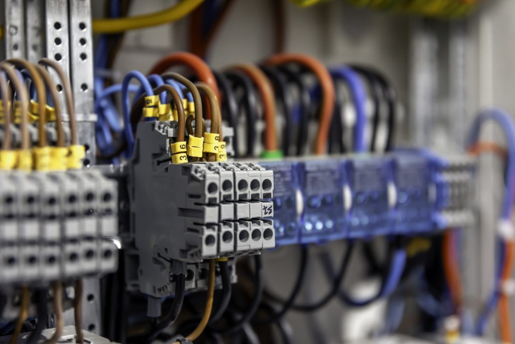 electrical panel with fuses contactors closeup